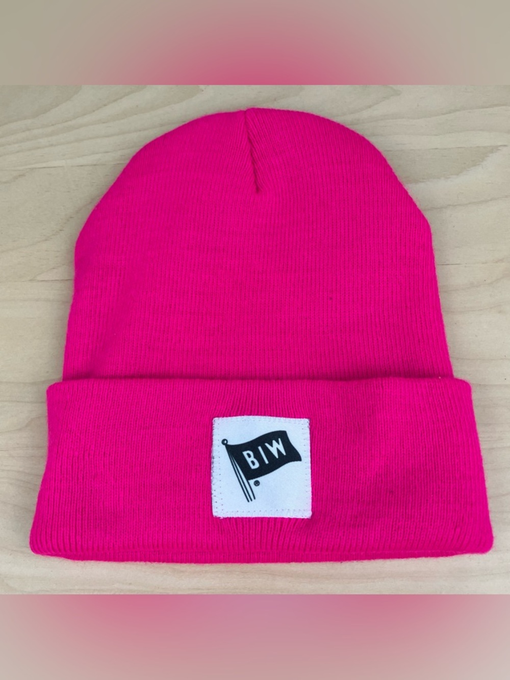 BIW Bath Iron Works Maine Shipyard Winter Beanie Cuff Hat Hot Pink Patch Logo